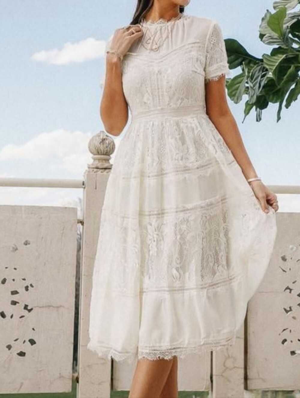 Bohme High Neck Victorian Style Lace Midi Dress In Cream Size Medium Nwot